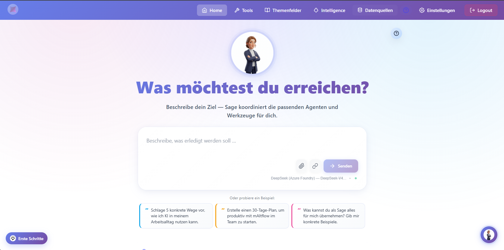 mAItflow Startseite – Sage koordiniert die passenden Agenten und Werkzeuge