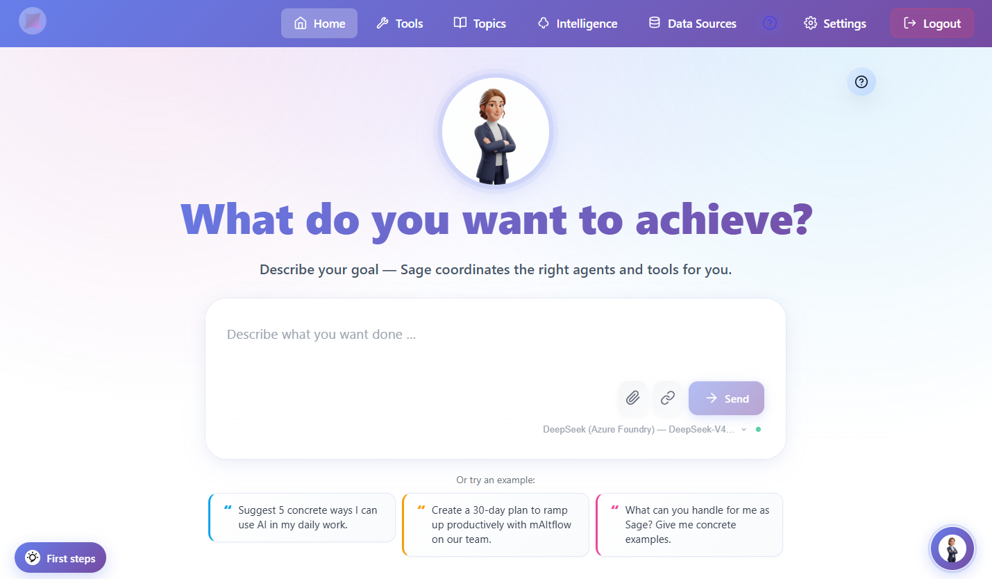 mAItflow home screen – Sage coordinating the right agents and tools