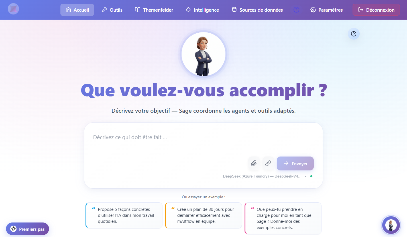 Page d’accueil de mAItflow – Sage coordonne les agents et les outils appropriés