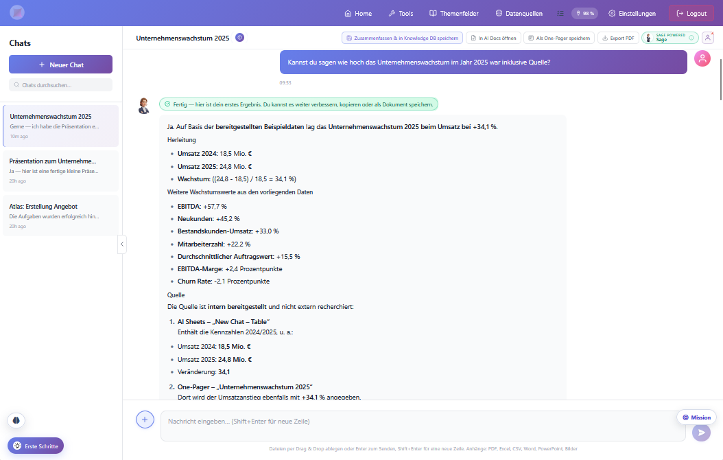 mAItflow AI Chat beantwortet die Frage nach dem Unternehmenswachstum 2025 mit Herleitung, Kennzahlen und Angabe der internen Quellen